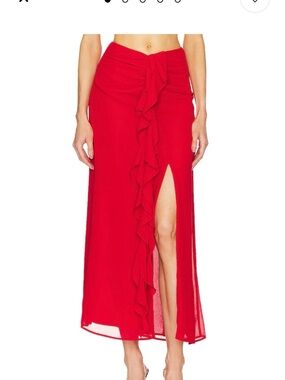 Bardot from Revolve | Akasha Red Ruffle Front Maxi Skirt with High Slit